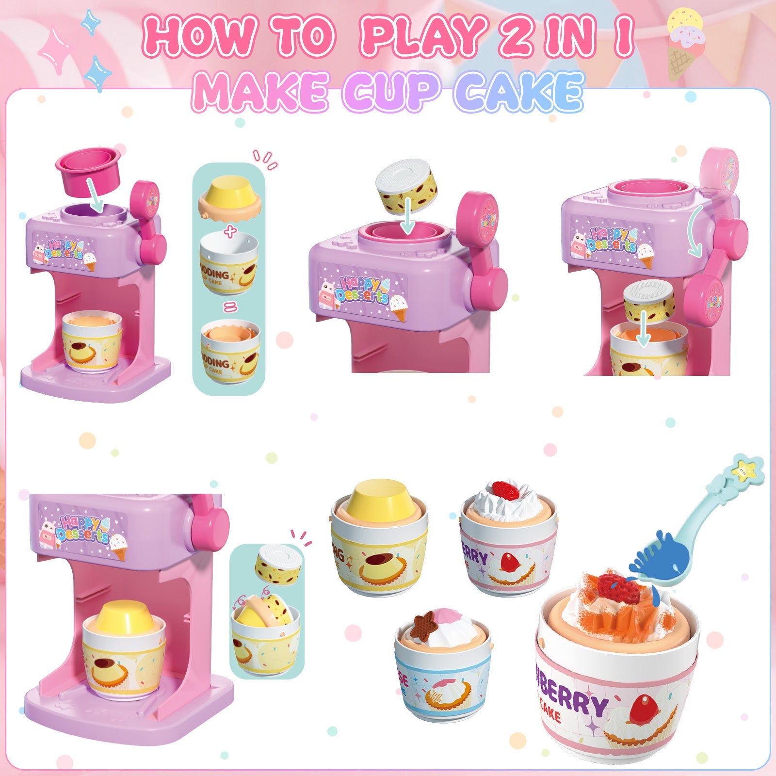 Juego de cocina 2 en 1 que cambia de color para postres - Juguete de helado y pastel con cambio de color con agua helada, juguetes de cocina de juego de imitación para niños, regalos de cumpleaños para niñas y niños