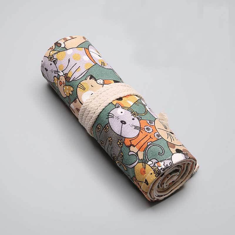 Fidtoy 36-Hole Rolling Pencil Case for Kids and Artists, Canvas Pencil Roll Organizer with Cartoon Cat Design
