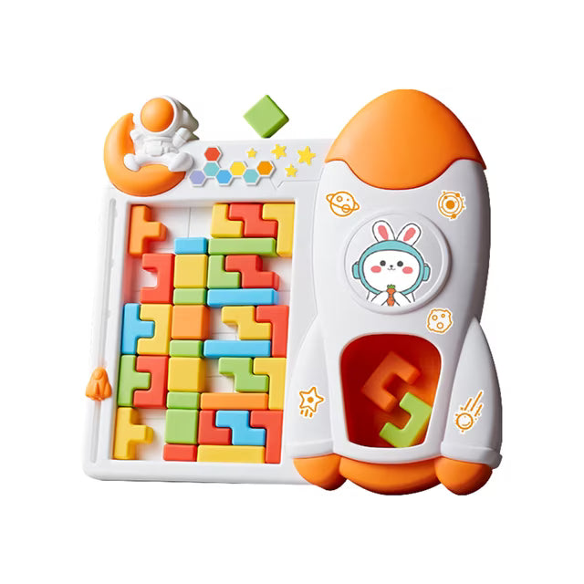 Fidtoy Space Rocket Tetris Table Block Challenge Game for Kids Ages 4-12, Plastic 3D Puzzle Board Game with Rocket Frame and Colorful Shape Blocks for Logic Play