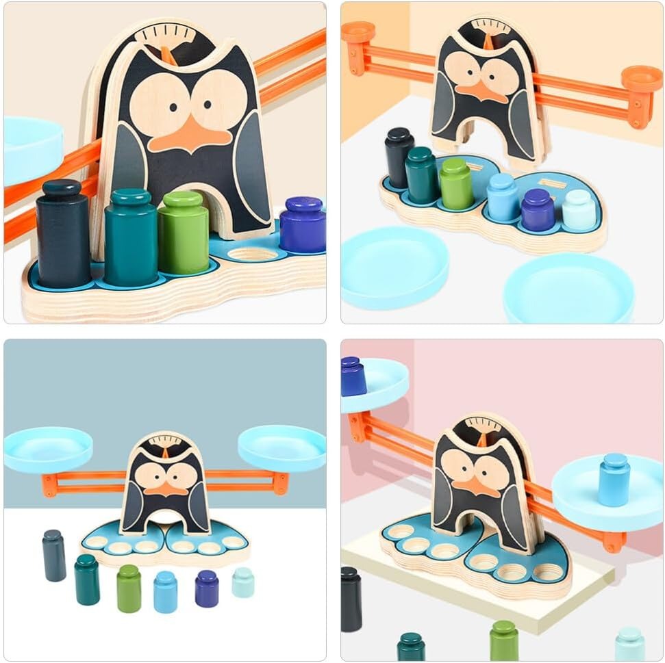 Fidtoy Penguin Wooden Balance Blocks Scale Kit Math Counting Balance Toy for Kids Ages 2-6 with Penguin Scale Game