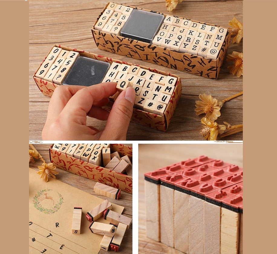 Fidtoy Wooden Number and Letter Stamp Set 40 Pieces Alphabet Rubber Stamps with Inkpad for Kids DIY Cards Scrapbooks Journals Ages 3+
