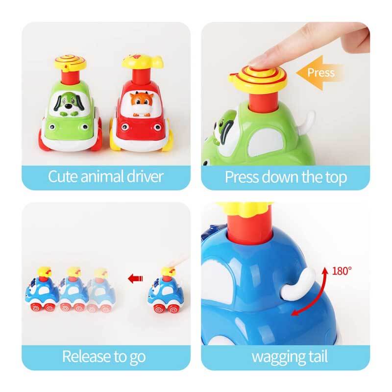 Ensemble de 4 jouets de voiture Fidtoy Press-to-Go animaux pour les tout-petits de 2 ans et plus | Développement de la motricité et apprentissage des couleurs