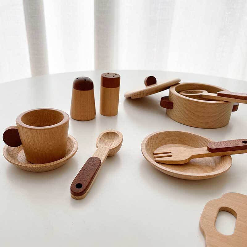 Fidtoy Accessoires de cuisine en bois – Ensemble de cuisine de 15 pièces pour les tout-petits
