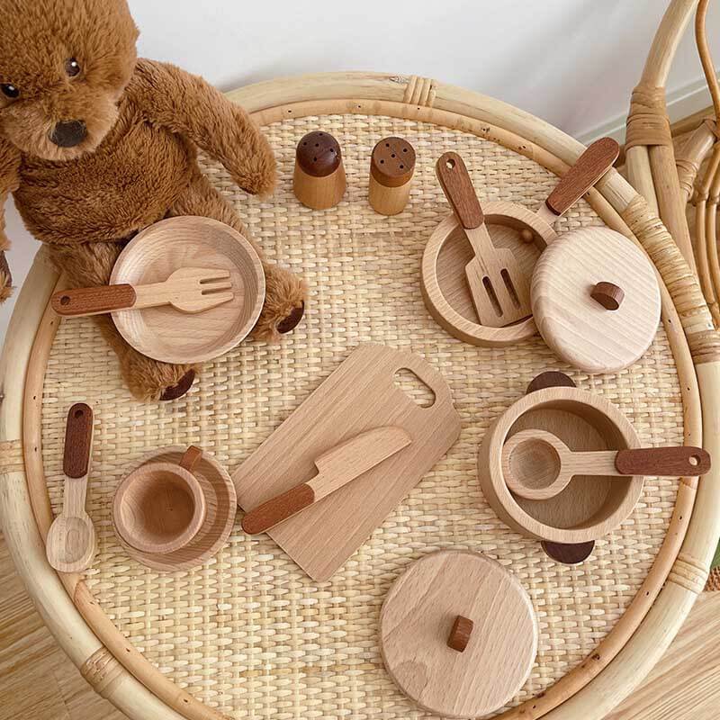 Fidtoy Accessoires de cuisine en bois – Ensemble de cuisine de 15 pièces pour les tout-petits