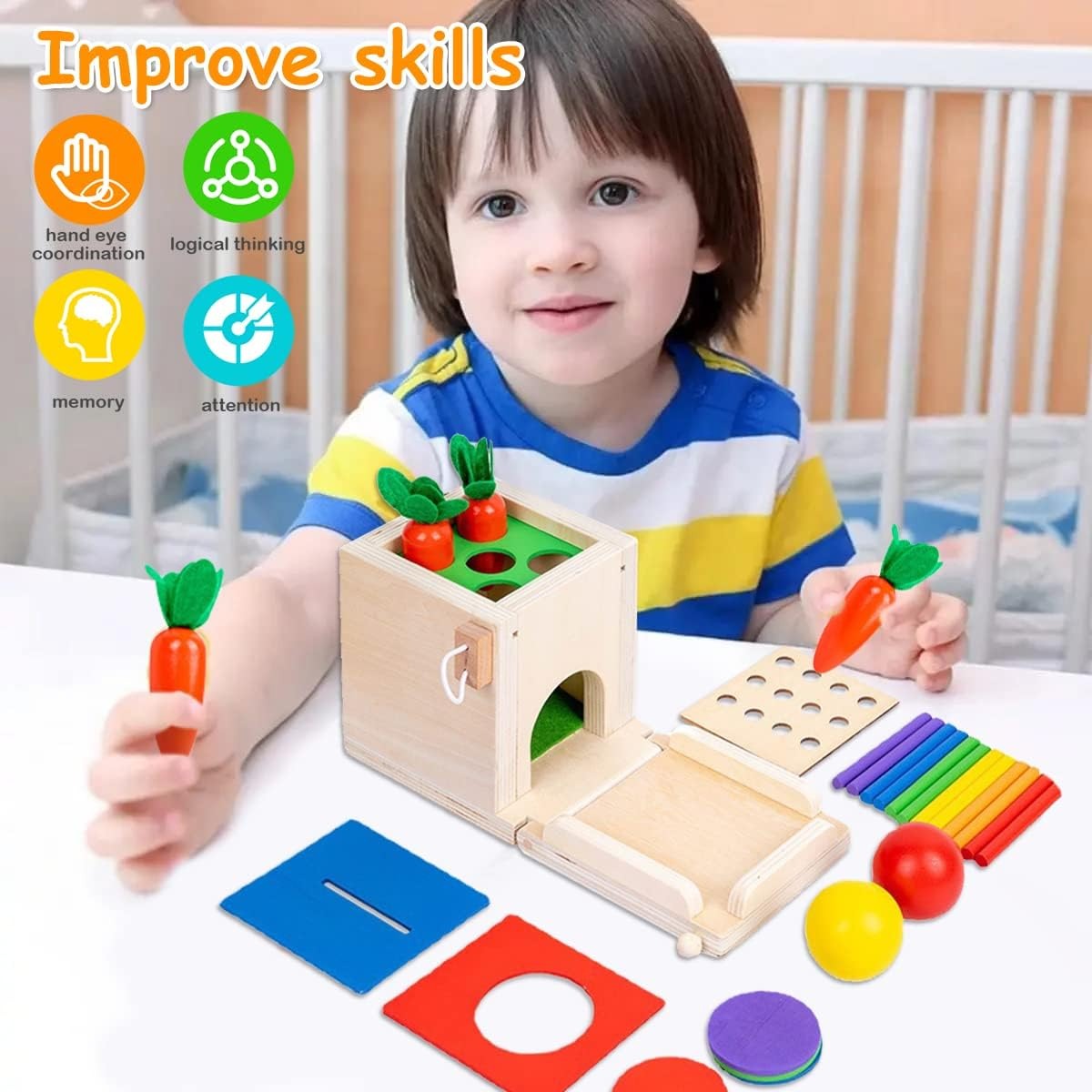 Fidtoy 6-in-1 Montessori Early Education Intelligence Multi-functional Box for Toddlers, Object Permanence Learning Box with Coin Matching, Carrot Pulling, Bug Catching and Clock Learning
