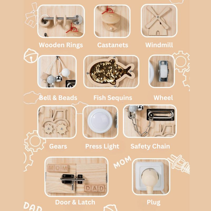 Tabla Sensorial Montessori para Juego Tranquilo - Tabla de Actividades de Madera Natural
