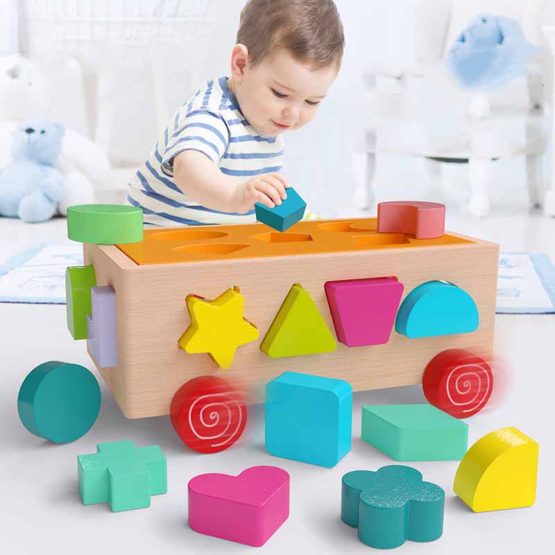Fidtoy Wooden Shape Sorting Car Montessori Toy for Toddlers
