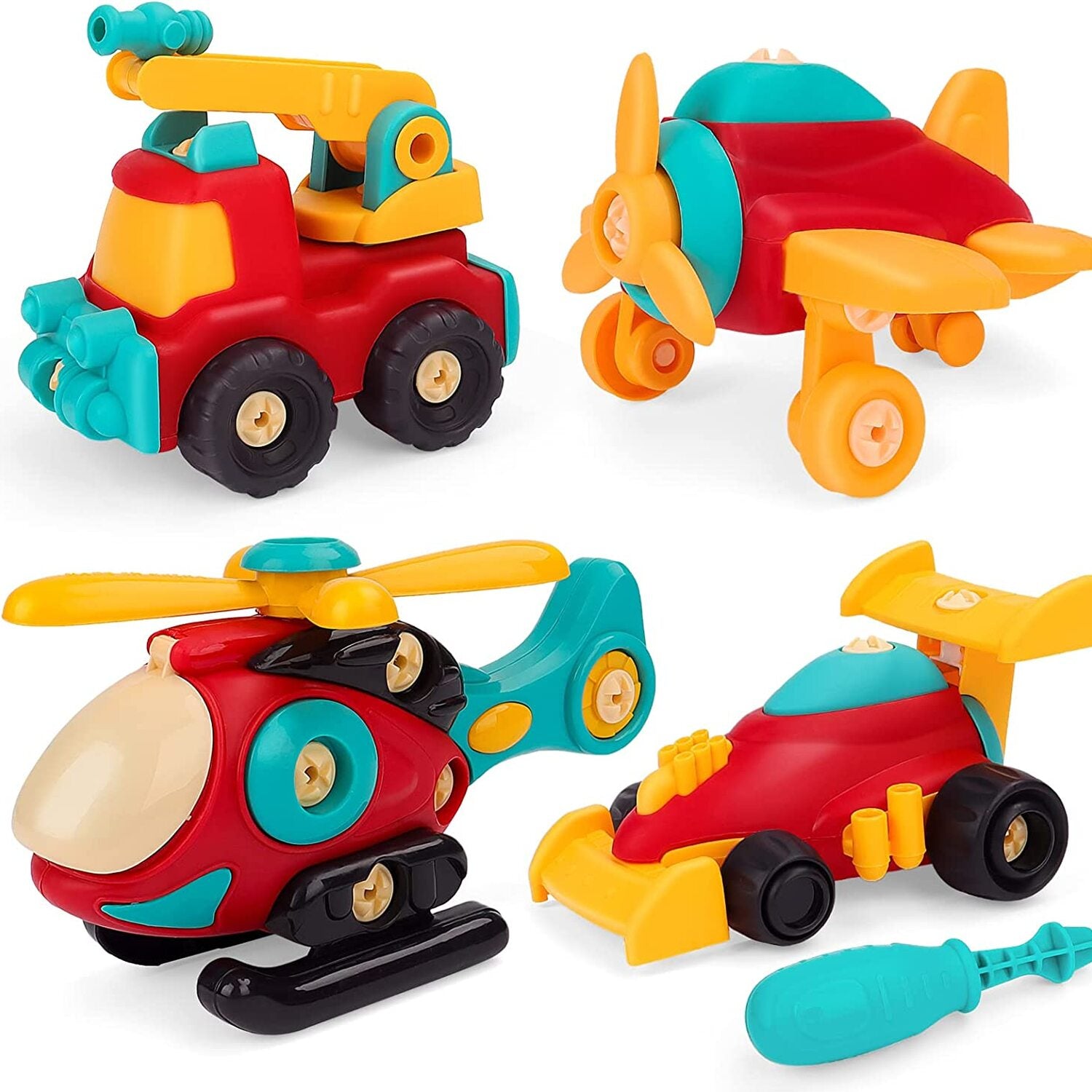 Fidtoy DIY Assembly Vehicle Toy Set 4 Pieces for Kids Ages 3-8, Take Apart Vehicle Playset with Screwdriver, Build and Disassemble Toy Cars for Fine Motor Skills, Problem Solving and Hands-On Engineering Play