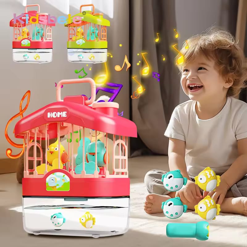 Fidtoy 2in1 Fun Talking Bird Cage and Magnetic Fish Plastic Talking Bird Cage Aquarium Toy with Voice Sensing, Music, Lights and Magnetic Fish Game Ages 2+