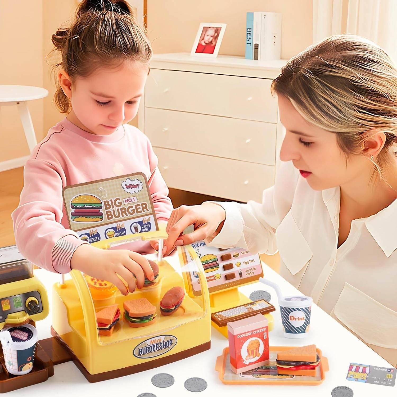 Fidtoy Counter Pretend Play Series Burger Shop for Kids, 25-Piece Pretend Kitchen Role Play Set, Educational Burger Shop Toy for Ages 3+