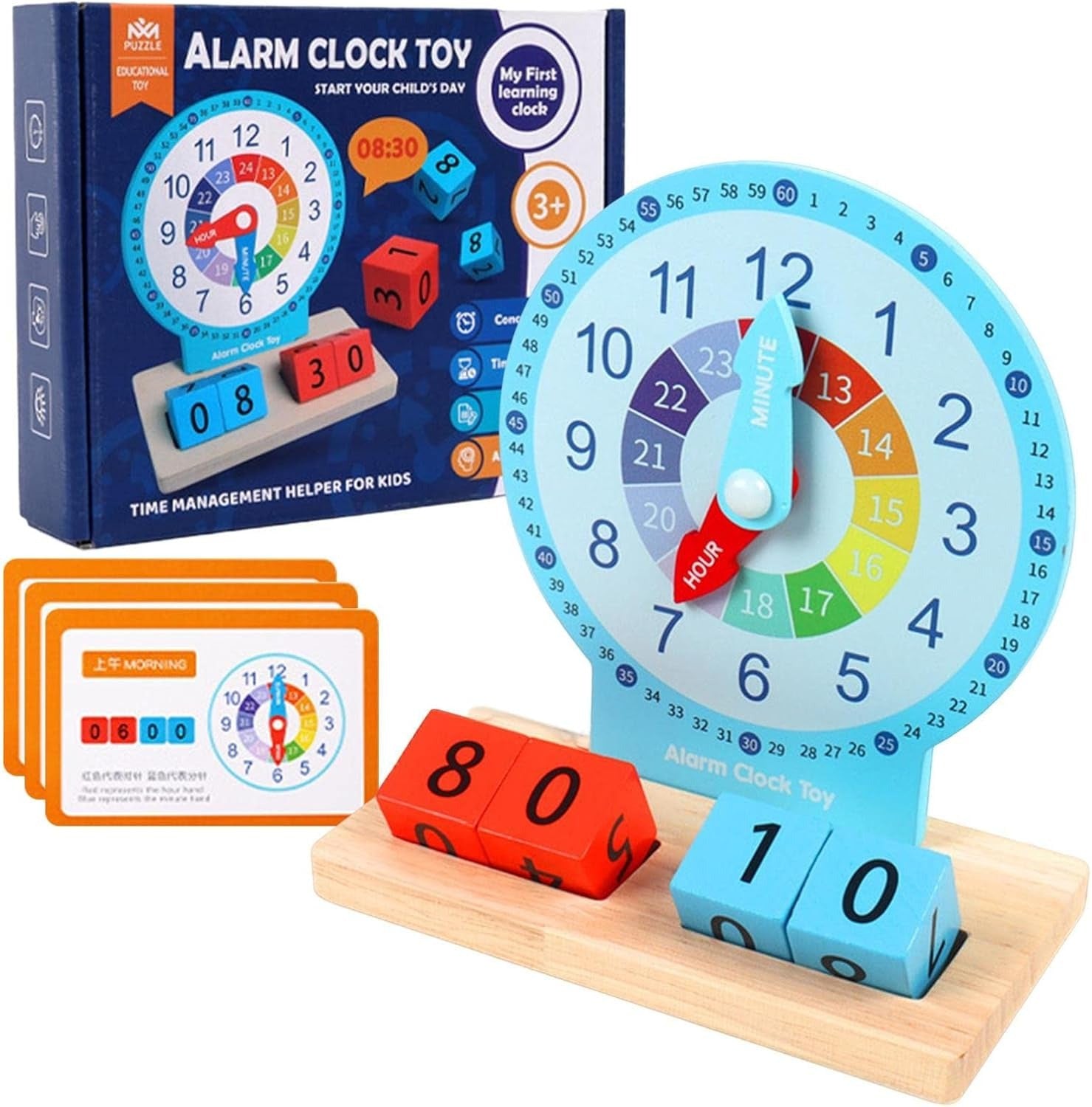 Fidtoy Wooden Clock Telling Time Pretend Play Kit for Kids | Montessori Time Learning Clock, Analog Digital Matching, Q&A Cards, Fine Motor & Hand-Eye Coordination Toy Age 2-6