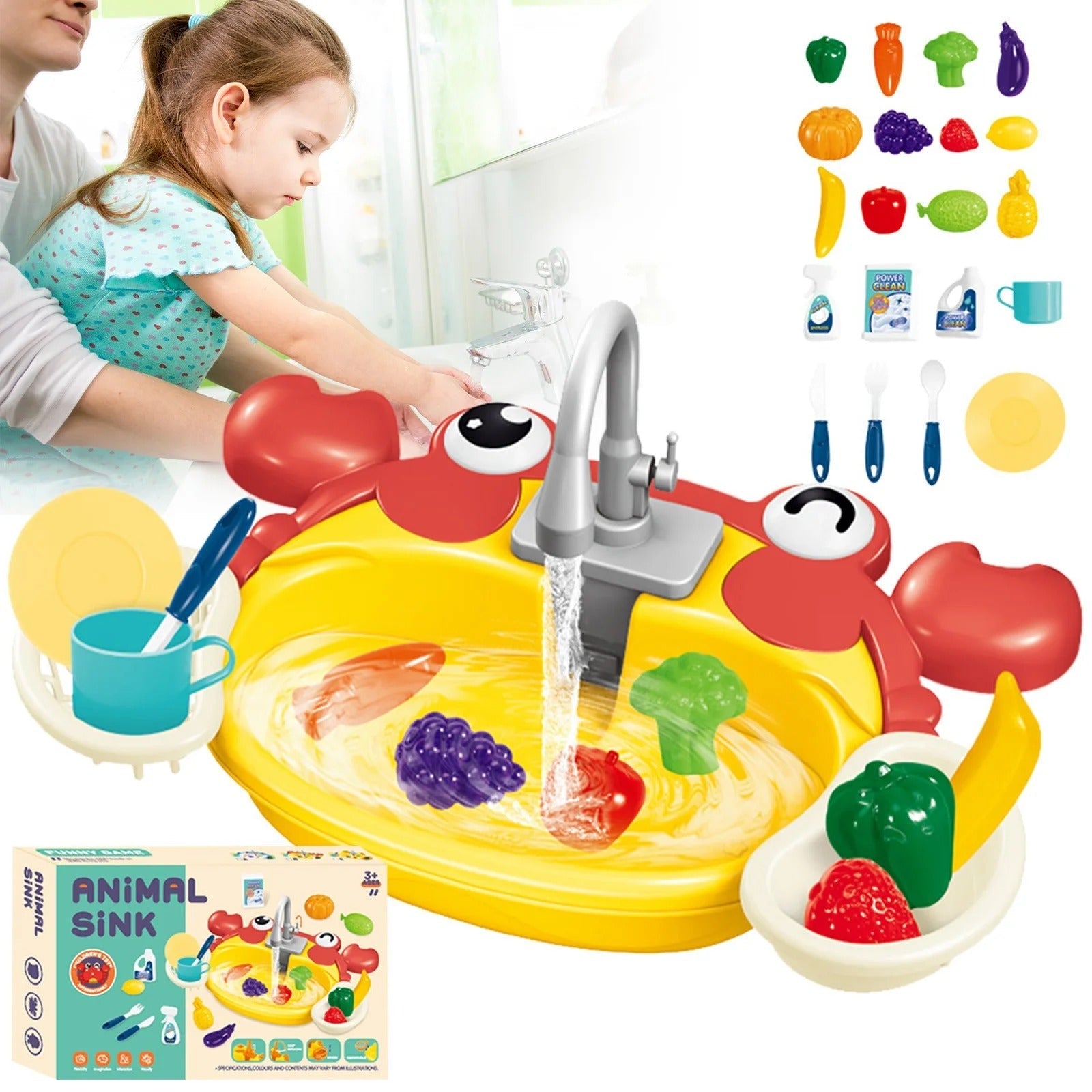 Fidtoy Jouet Évier de Cuisine Animal Mignon pour Enfants de 3 à 8 Ans avec Robinet à Eau Courante, Jeu de Rôle de Cuisine Interactif avec Fruits, Légumes et Panier de Vidange