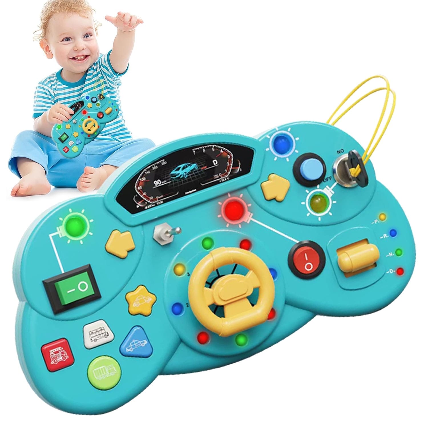Fidtoy Busy Switch Light Car Console Board B50 pour tout-petits – Tableau de bord interactif avec volant, lumières LED, sons de véhicule et jeu de motricité fine