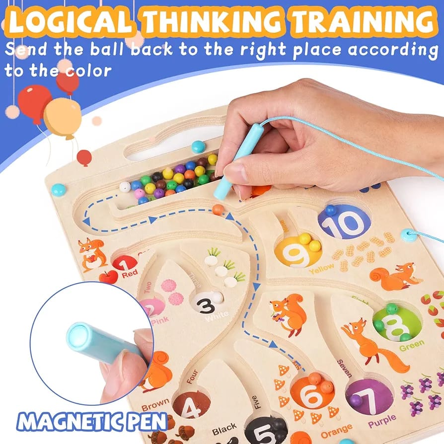 Fidtoy Tableau labyrinthe magnétique en bois avec chiffres et couleurs, jouet de tri de perles écureuil Montessori pour enfants de 2 à 6 ans