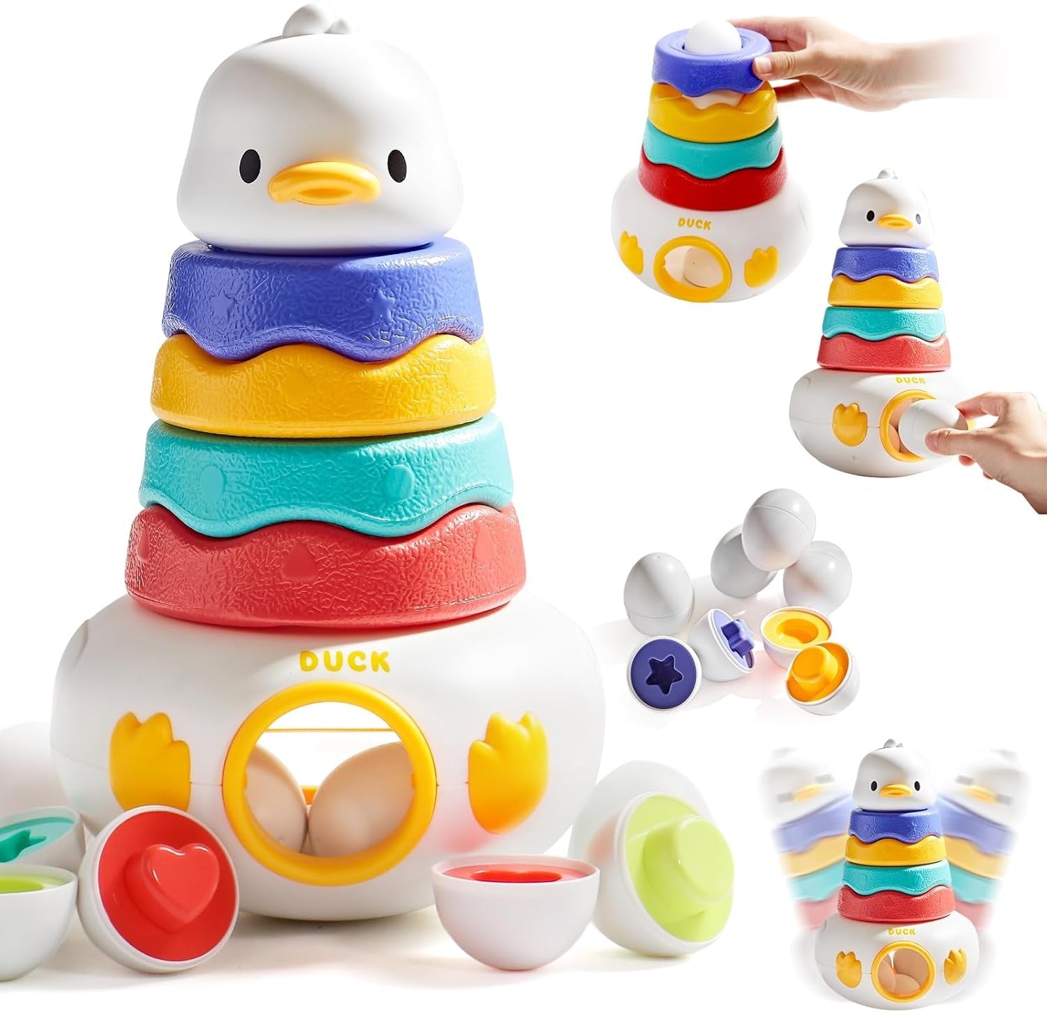 Fidtoy 2in1 Duck Tumbler Stacker and Egg Pairing Toy, Plastic Duck Stacking Blocks with 6 Egg Matching Pieces, Fine Motor Sensory Learning Toy Ages 12+ Months
