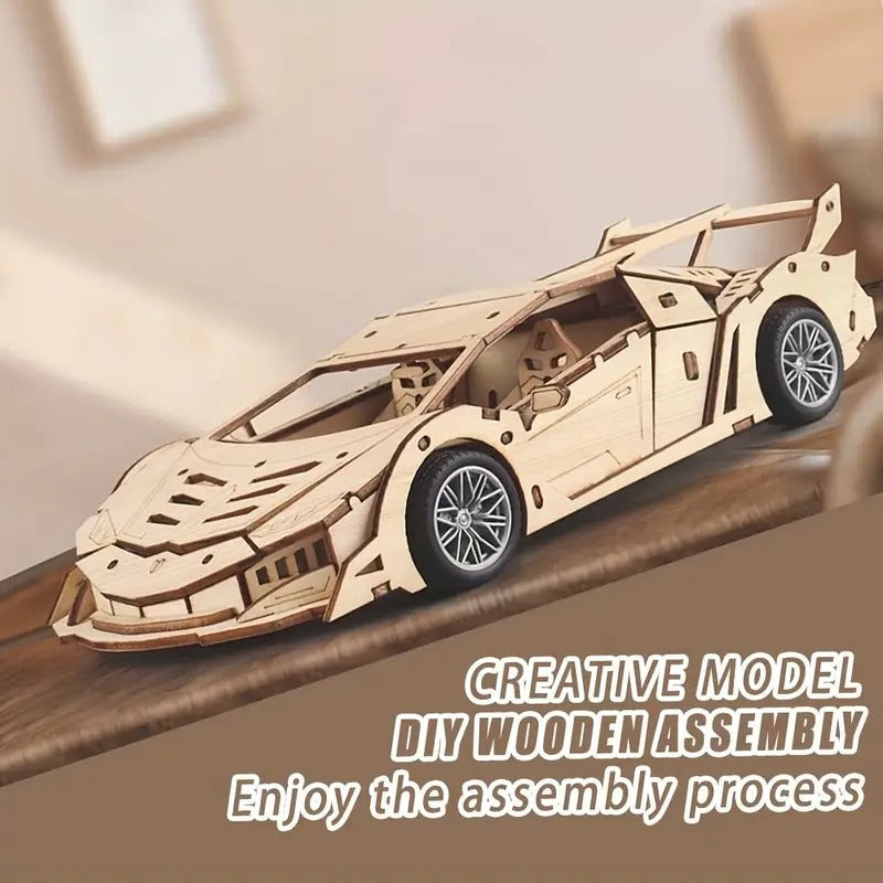 Fidtoy 3D Wooden Mechanical Supercar Pull Back Puzzle 114 Pieces, Wooden Car Model Building Kit for Teens and Puzzle Lovers Ages 14+