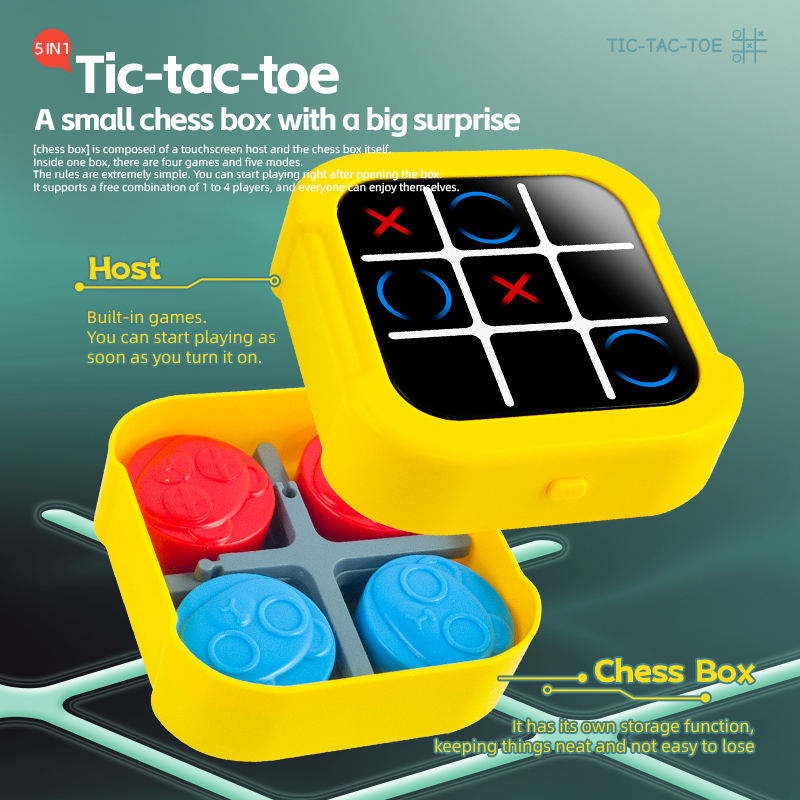 Jeu de société Fidtoy 5-en-1 électronique et tactile, Rechargeable et portable, avec 5 jeux : Puissance 4, Maître de mémoire, Tape-taupe, Jeu de mélodie et Morpion à deux joueurs, pour les 3 ans et plus.