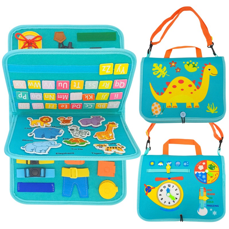Fidtoy Busy Dinosaur Montessori Sensory Book for Toddlers – 4 Double-Sided Pages Quiet Book, Fine Motor Skills Learning Activity Book, Travel Toy for Kids Ages 2+