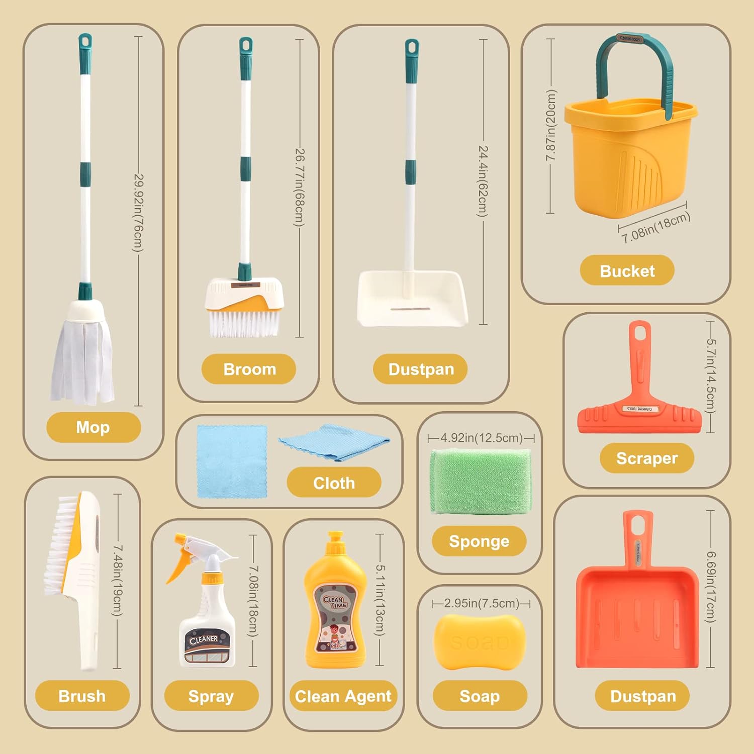 Fidtoy Children Clean Time Cleaning Set for Toddlers – Pretend Play Cleaning Toy Kit with Broom Mop Bucket Dustpan Role Play Housekeeping Set for Kids Ages 2-6