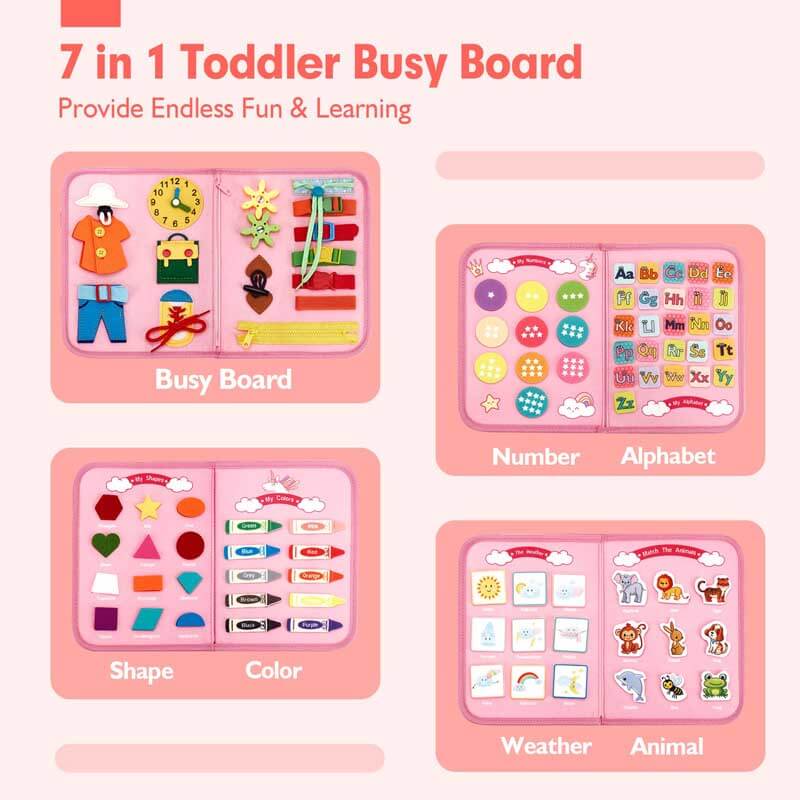 Fidtoy 8-in-1 Montessori Busy Board for Toddlers | Portable Felt Activity Toy for Learning Life Skills