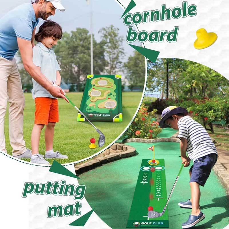 Fidtoy Kids Golf Set – Adjustable Toddler Clubs with Putting Mat & Cornhole Board