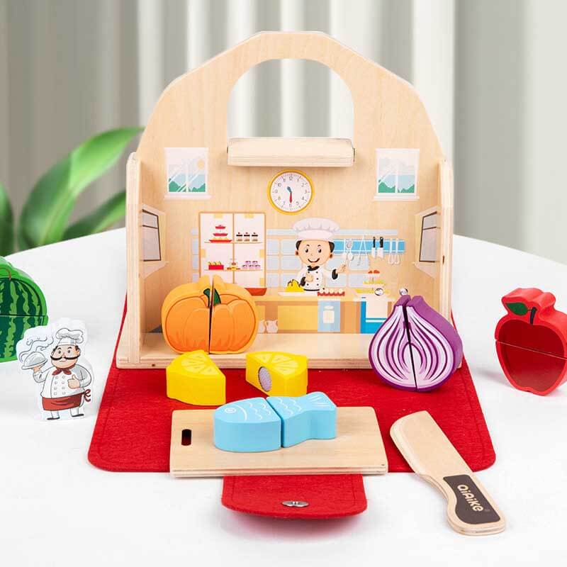 Fidtoy 2 in 1 Kitchen Bathroom Pretend Play Wooden Toy Set