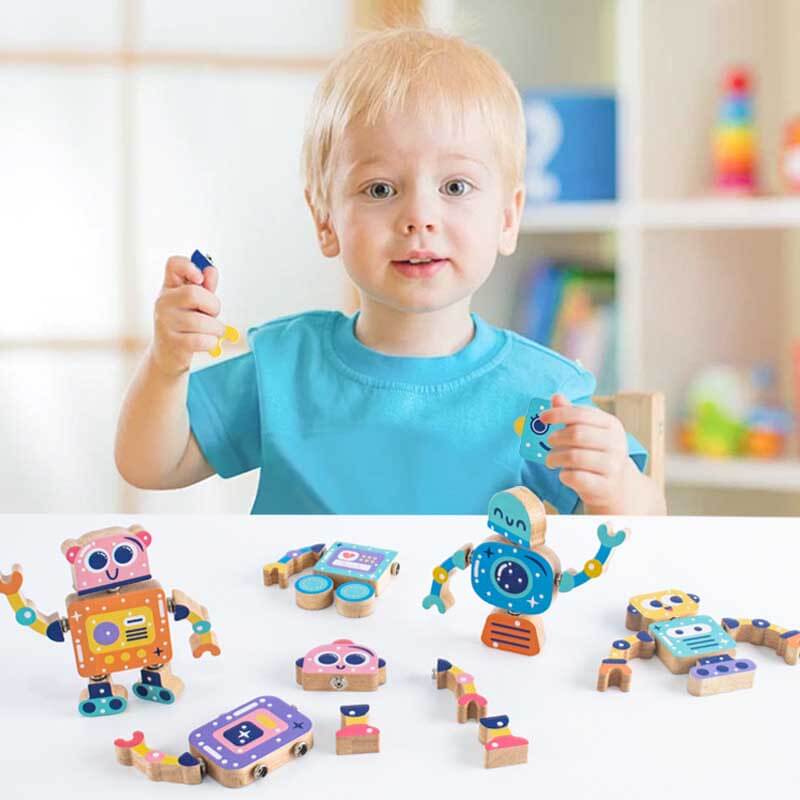 Fidtoy Wooden Robot Building Toy Snap Construction Set for Kids