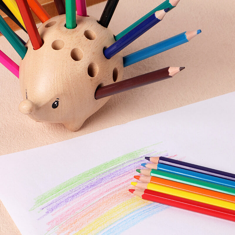 Fidtoy Support de Stylo Hérisson en Bois | Organisateur de Bureau 24 Trous pour Enfants et Bureau