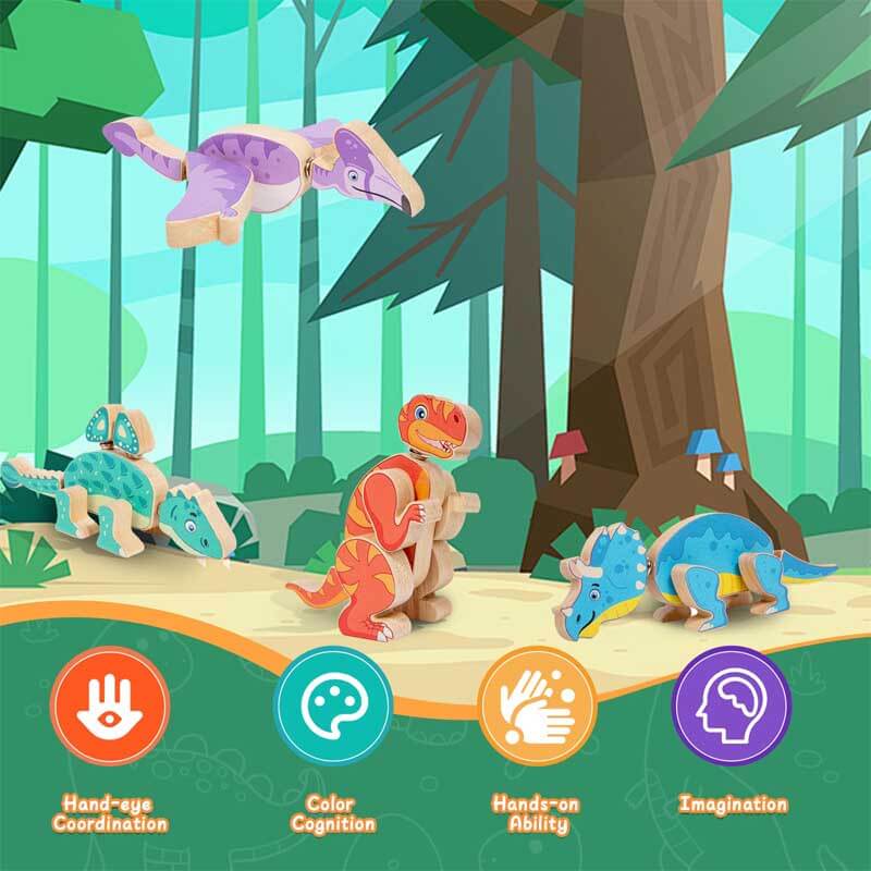 Fidtoy Wooden Dinosaur Building Blocks – STEM Educational Toy for Toddlers