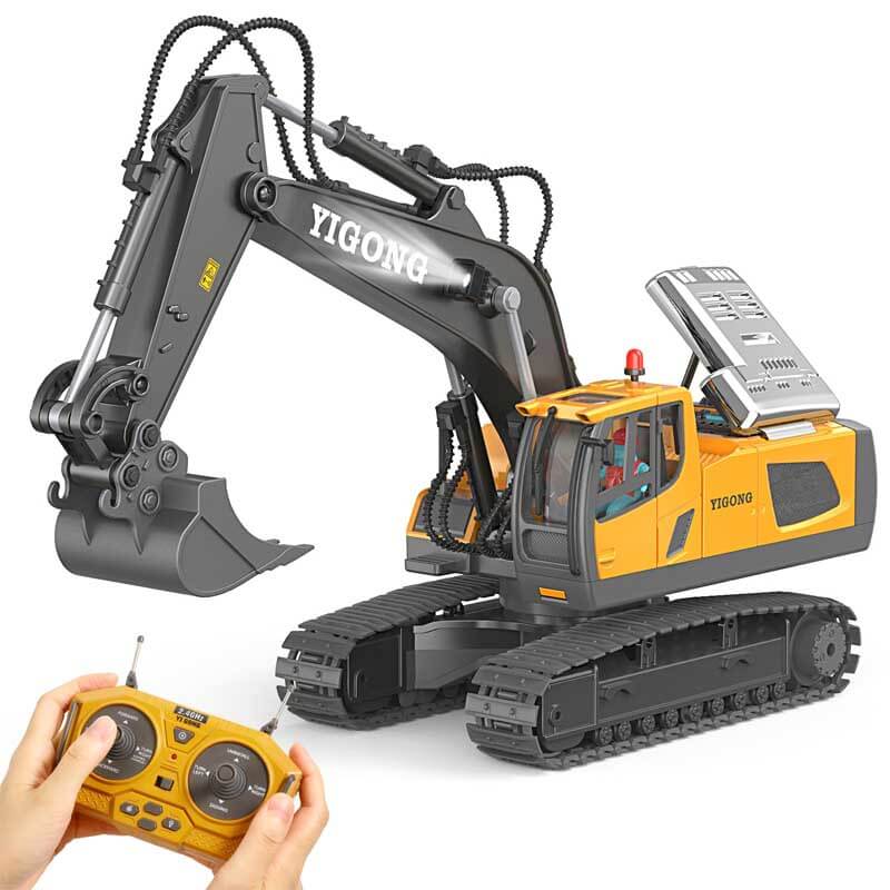 Fidtoy RC Excavator Toy Remote Control Construction Truck 11 Channel Digger with Metal Shovel Lights Sound STEM Toy for Kids Outdoor Play