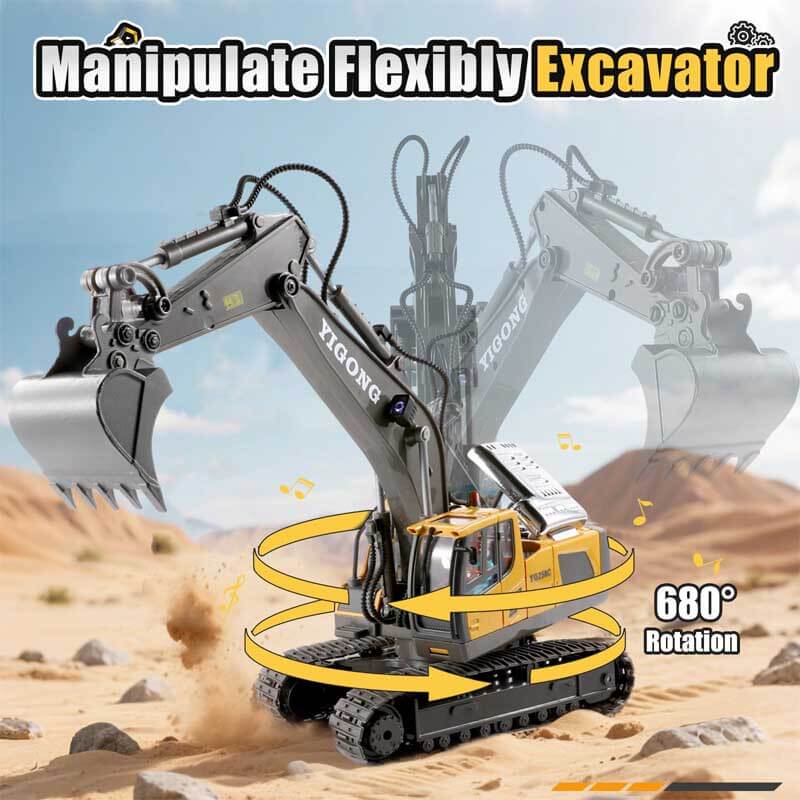 Fidtoy RC Excavator Toy Remote Control Construction Truck 11 Channel Digger with Metal Shovel Lights Sound STEM Toy for Kids Outdoor Play