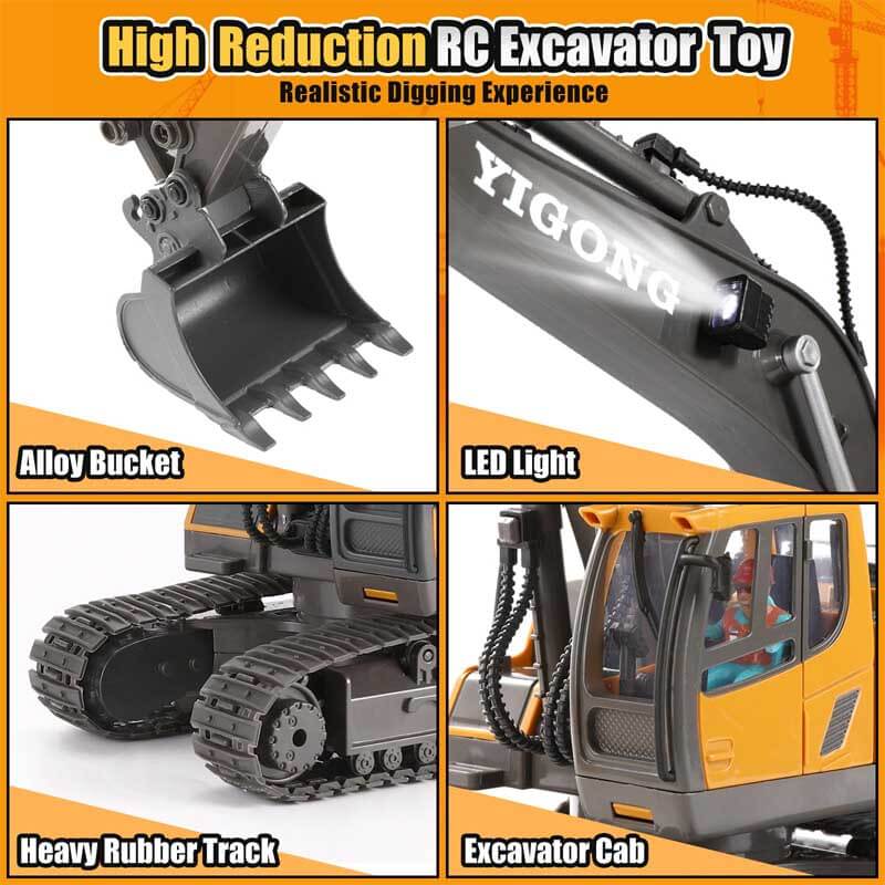 Fidtoy RC Excavator Toy Remote Control Construction Truck 11 Channel Digger with Metal Shovel Lights Sound STEM Toy for Kids Outdoor Play