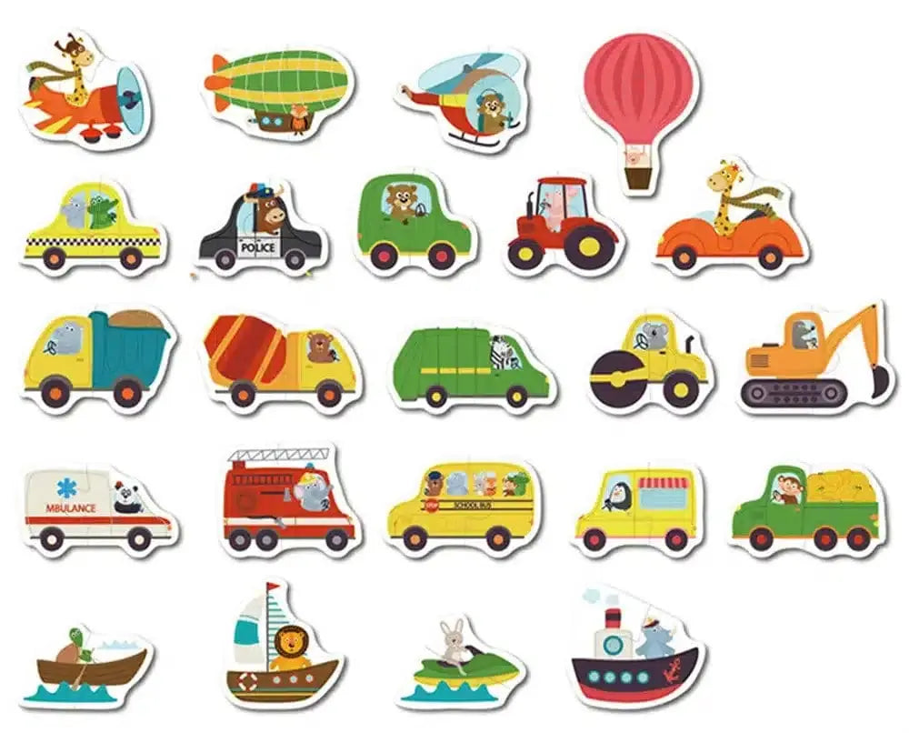 Fidtoy Themed Box of 23 Puzzles – Beginner Matching Jigsaw Puzzle Set for Kids, Animals, Vehicles, Fruits & Vegetables
