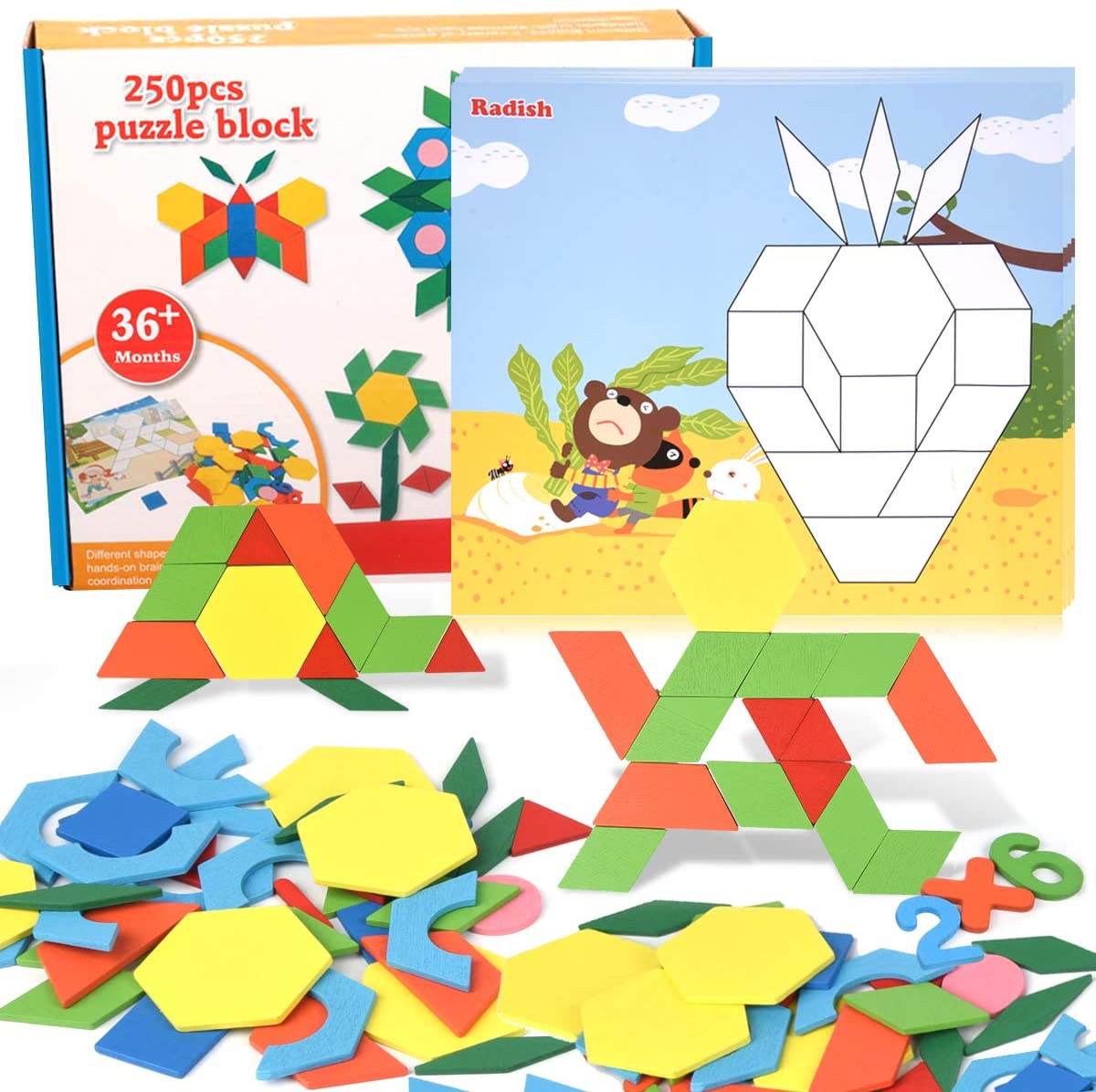 Fidtoy Wooden Pattern Puzzle Blocks 250 Pieces Creative Shape Tangram Building Set for Kids Ages 2 to 6