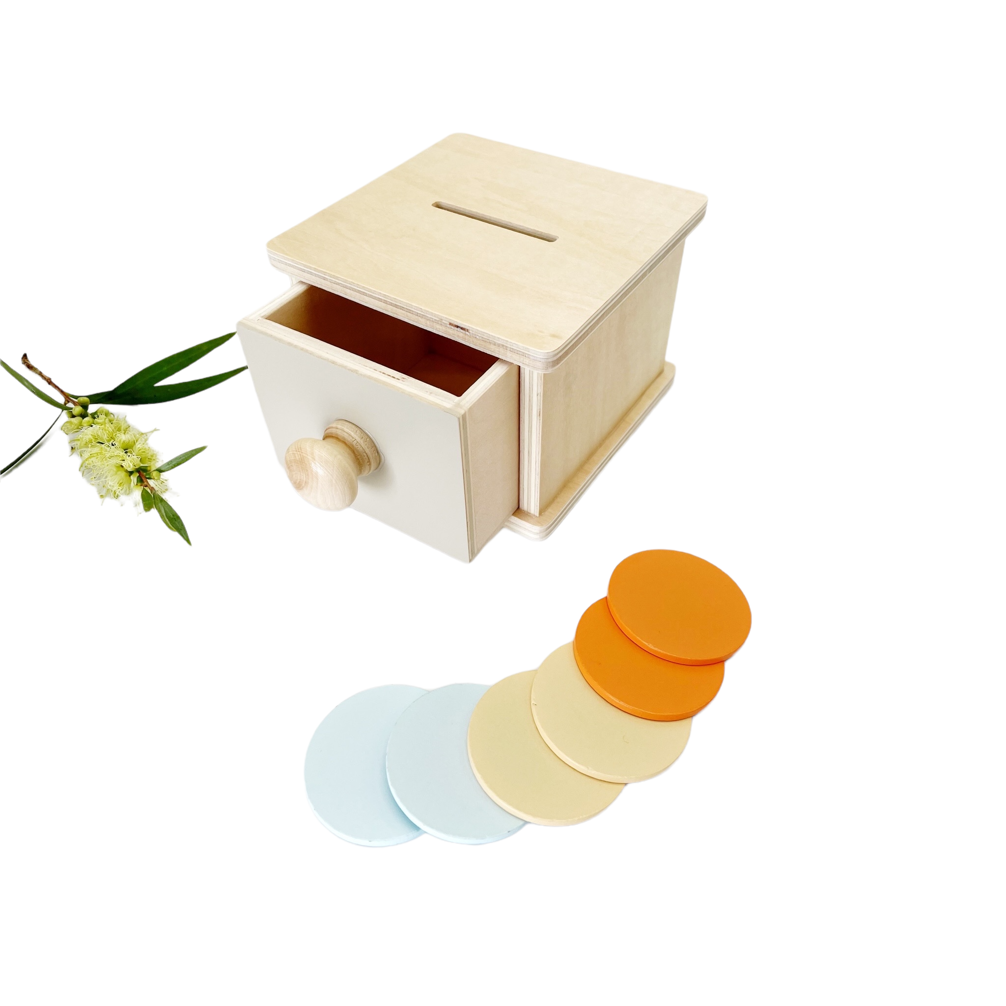 Boîte de permanence d'objet Montessori : tiroir et balle / pièces et tiroir