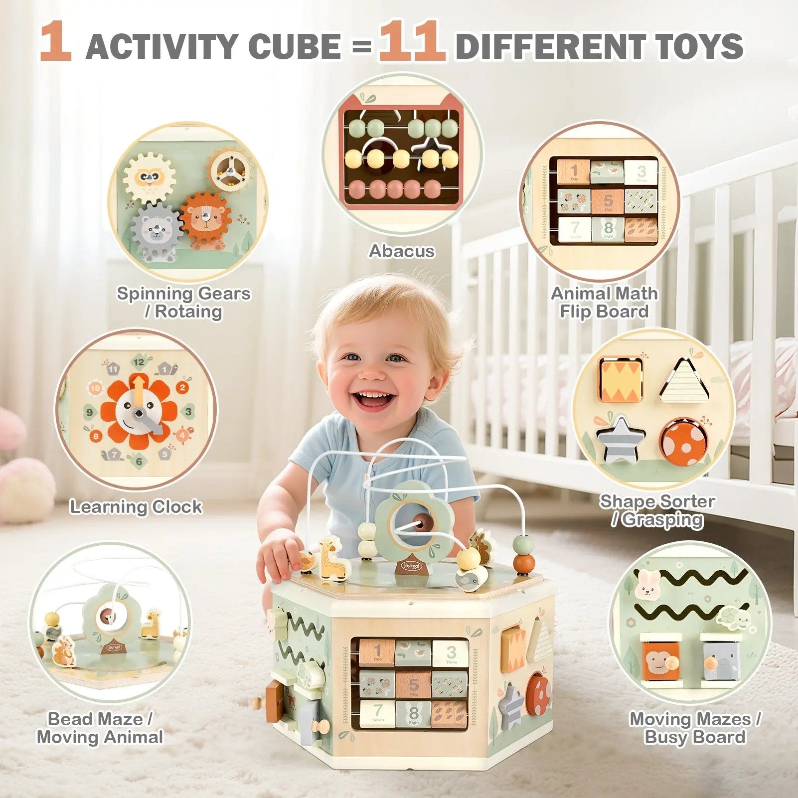 Fidtoy Wooden Activity Cube 11-in-1 Montessori Toy for Toddlers Learning Center 1-4 Years