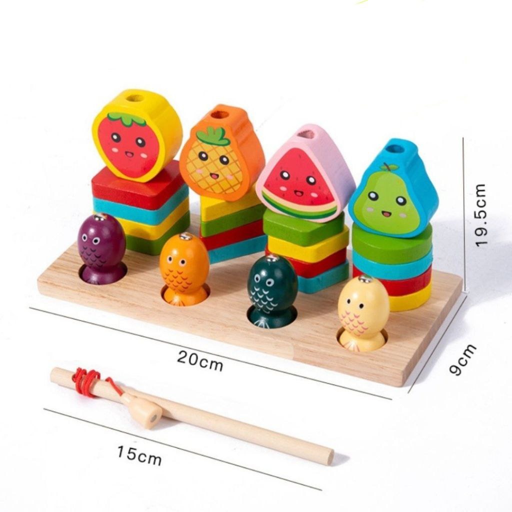 Fidtoy 3-in-1 Multifunctional Shape Lacing Fruits and Fish Catch Activity, Wooden Magnetic Fishing Shape Sorting Toy for Toddlers Ages 2-6, Fine Motor Color Matching and Stacking Learning Toy