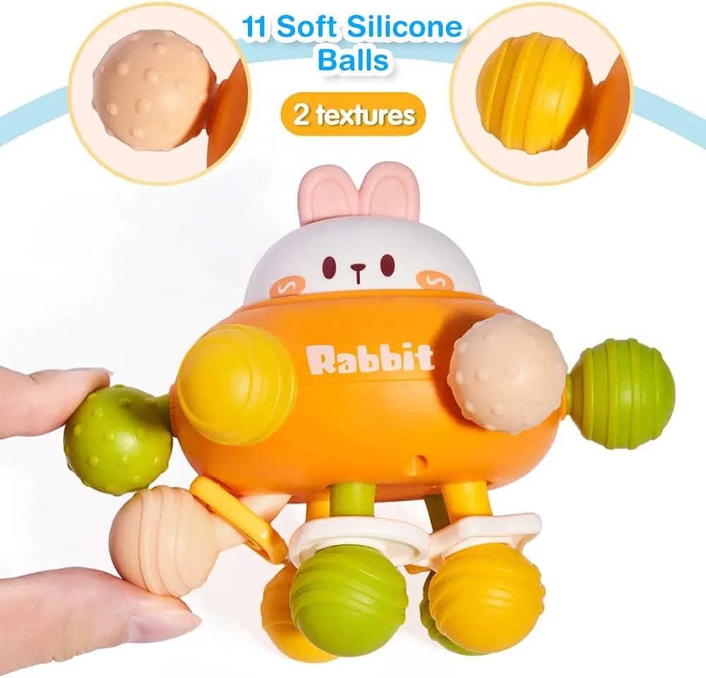 Fidtoy 3-in-1 Silicone Baby Teether Hand Grip Sensory Toy, Rabbit Rattle Teething Toy for 6+ Month Babies, Textured Chew Toy for Travel, Stroller Play and Early Sensory Development