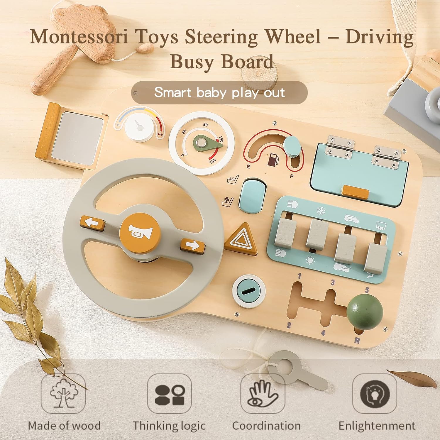 Volante Montessori de madera, tablero de actividades sensoriales