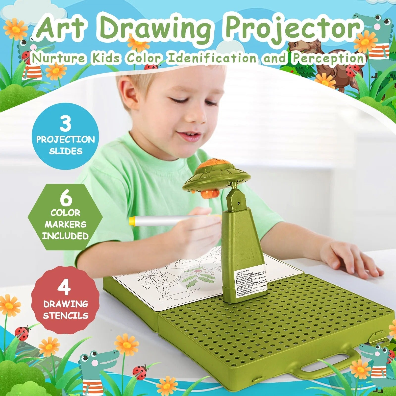Fidtoy 5-in-1 Projector Painting with Dinosaur Assembling Screw Play Figure, Kids Dinosaur Drawing Projector Toy with 3D Puzzle, Screw Assembly, Colored Pens and Reusable Art Board Age 5+