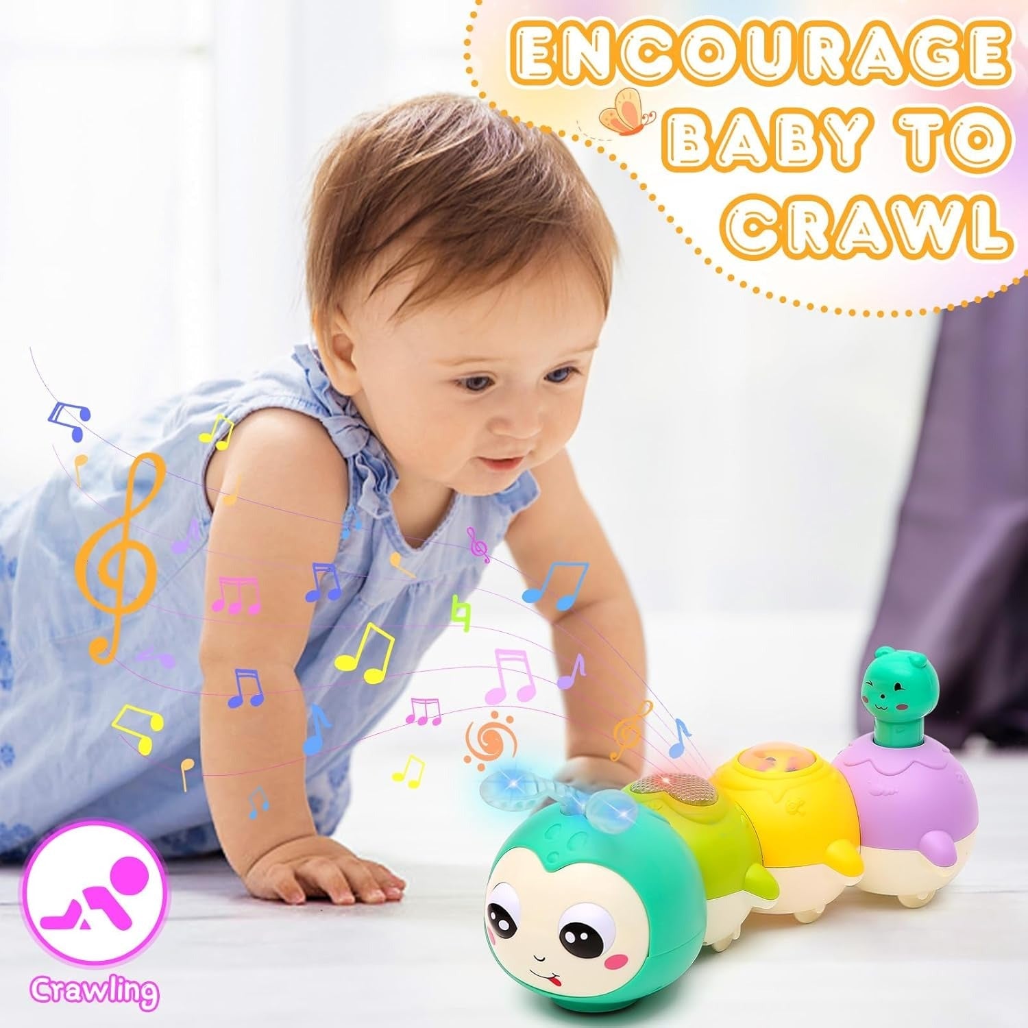 Fidtoy Magnetic Cute Electric Caterpillar Baby Toy with Light Sound for Babies Crawling Sensory Play Age 6M+