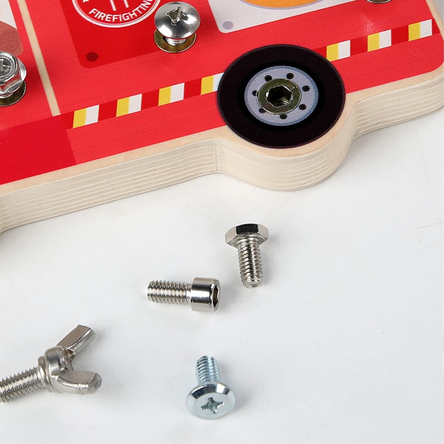 Fidtoy Camion de Pompiers en Bois Montessori à Démonter, Planche à Vis, Jouet Outil de Motricité Fine pour Enfants de 3 Ans et Plus