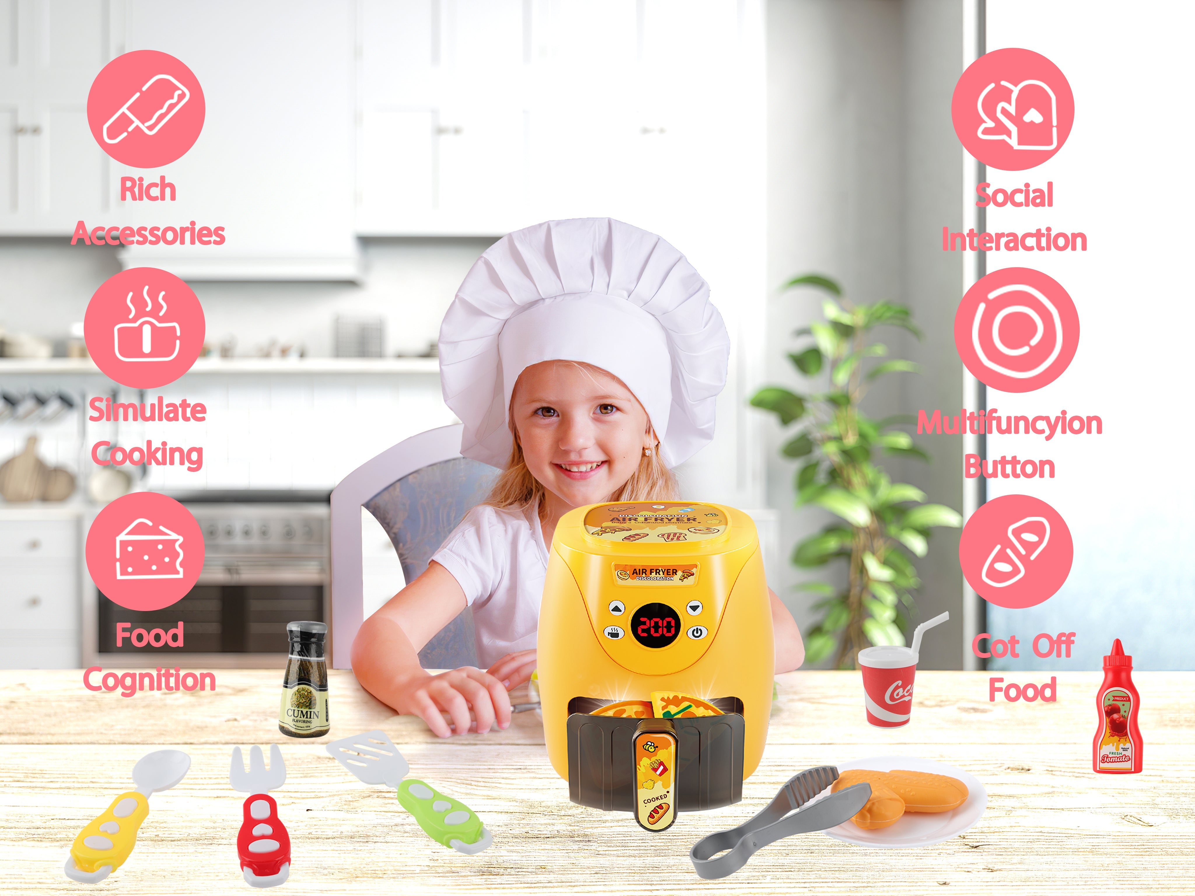 Batterie de cuisine pour enfants avec friteuse à air chaud, jeu de rôle avec accessoires de cuisine, effets sonores et lumineux réalistes et aliments factices