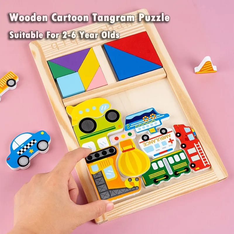 Fidtoy Casse-tête Tangram 3 en 1, Puzzle en Bois de Véhicules, Jeu d'apprentissage pour la Reconnaissance des Couleurs et la Motricité Fine, dès 3 Ans