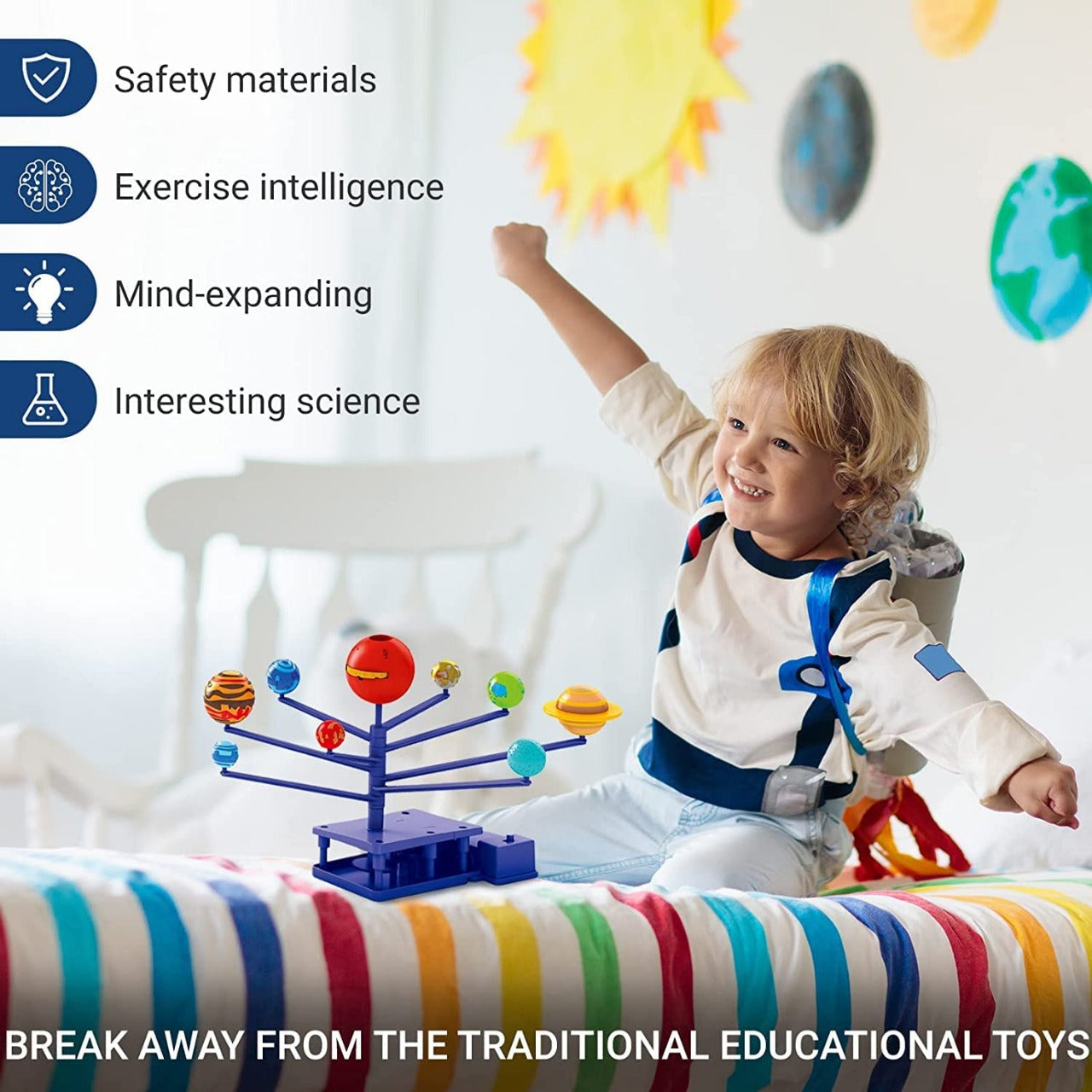 Fidtoy STEM Rotating Planets and Planet Projector DIY Kit for Kids Ages 8+, Motorized Solar System Model Kit, Plastic Space Science Toy with 8 Planets, Planetarium Projector, Paint and Brush Activity