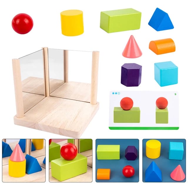 Fidtoy Mirror Wooden 3D Shape Pattern Blocks Montessori Geometry Puzzle Toy for Kids Spatial Learning Play