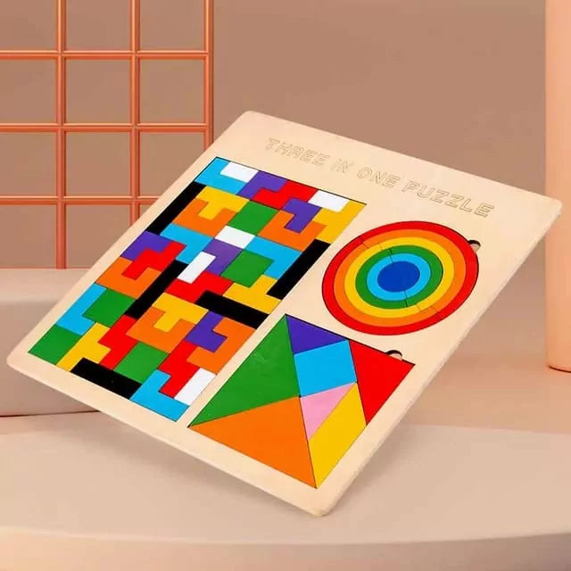 Fidtoy Jeu de puzzle en bois Tangram casse-tête, puzzle en bois 3 en 1 Tangram, Tetris et Pont Arc-en-ciel, jouet de tri des formes pour le développement de la conscience spatiale, à partir de 3 ans