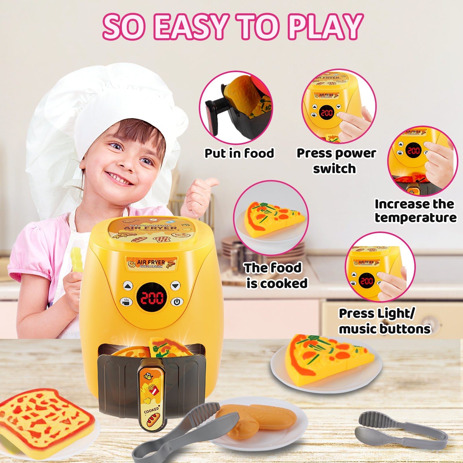 Batterie de cuisine pour enfants avec friteuse à air chaud, jeu de rôle avec accessoires de cuisine, effets sonores et lumineux réalistes et aliments factices