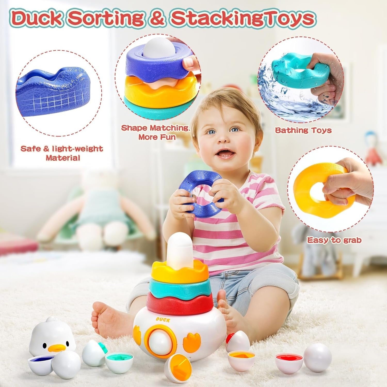 Fidtoy 2in1 Duck Tumbler Stacker and Egg Pairing Toy, Plastic Duck Stacking Blocks with 6 Egg Matching Pieces, Fine Motor Sensory Learning Toy Ages 12+ Months