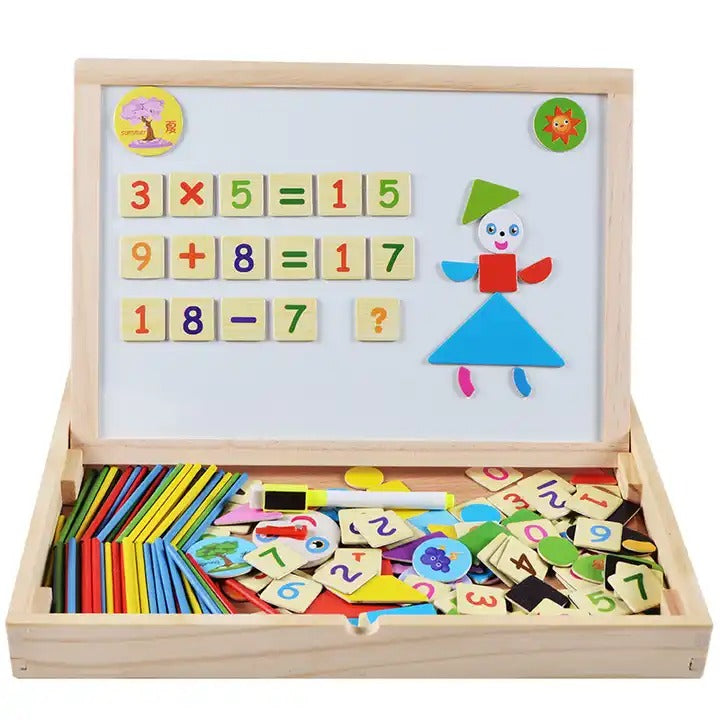 Fidtoy 2in1 Magnetic Arithmetic Learning Puzzle Board, Wooden Math Learning Box with Numbers, Arithmetic Symbols, Drawing Board, Color Sorting Rods and Clock Learning Toy Ages 3-6